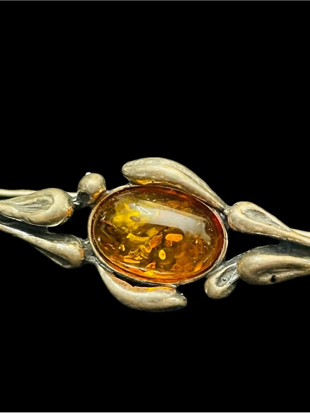 Vintage European Amber Sterling Silver Brooch. 2.5” long.